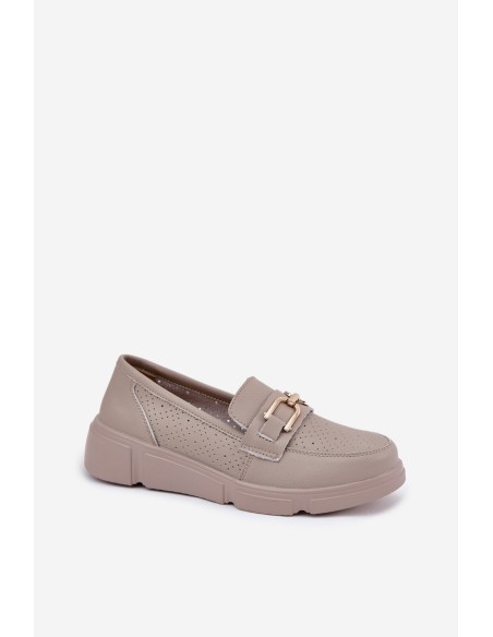 Ladies Leather Moccasins with Golden Detail Ciemnobeżowe Vinceza 88007