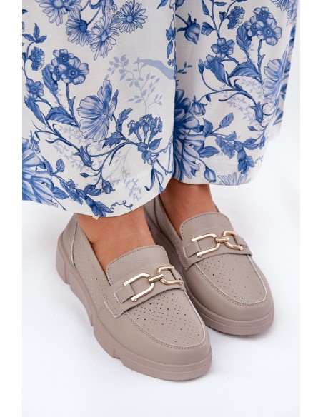 Ladies Leather Moccasins with Golden Detail Ciemnobeżowe Vinceza 88007