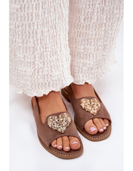 Ladies Sandals With Decorative Heart Dark Beige S.Barski KV27-018