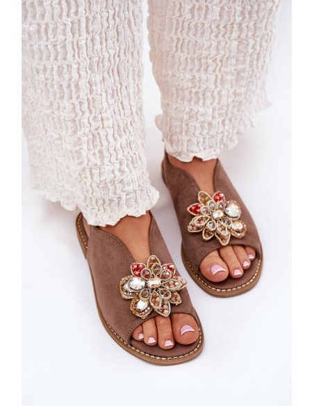 Ladies Sandals On Flat Heel With Decoration S.Barski KV27-001 Dark Beige