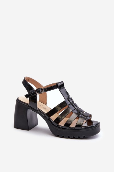Lacquered Leather Women's Sandals On Heel Black Vinceza 66621 2