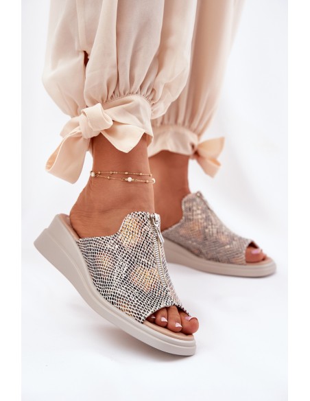 Womens Wedge Sandals With Zipper Animal Print Beige Irriva