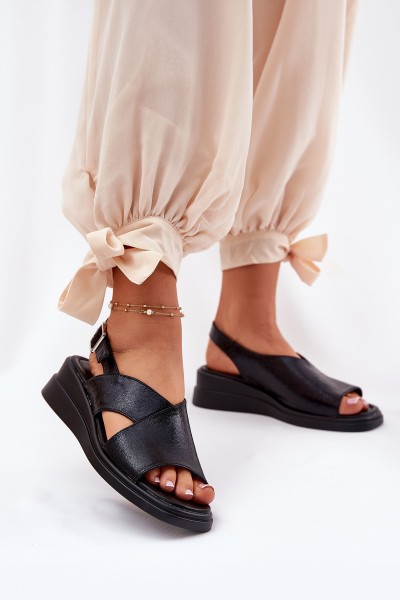Lacquered Women's Wedge Sandals Made Of Eco Leather Black Quilara