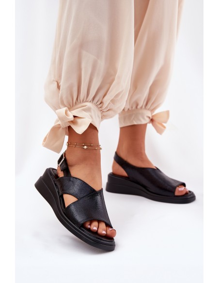 Lacquered Women's Wedge Sandals Made Of Eco Leather Black Quilara