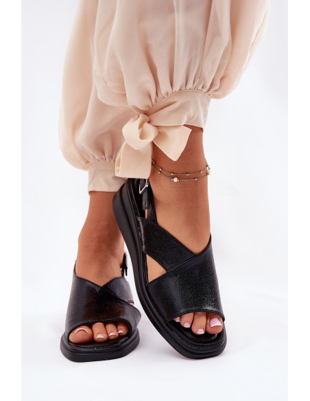 Lacquered Women's Wedge Sandals Made Of Eco Leather Black Quilara