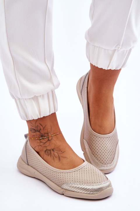 Leather Women's Openwork Ballerinas Beige Lucy