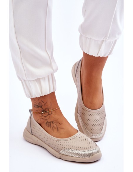 Leather Women's Openwork Ballerinas Beige Lucy