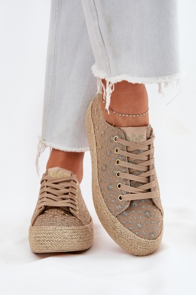 Raštuoti moteriški platforminiai sportbačiai su audimo detalėmis chaki spalvos