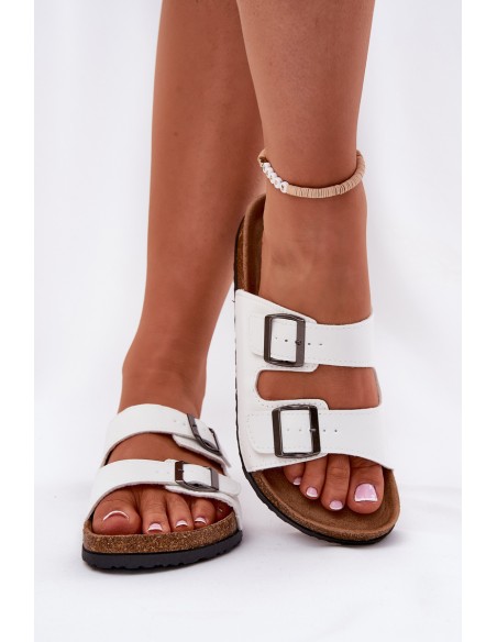 Women's Slides On Cork Platform With Buckles White Redore