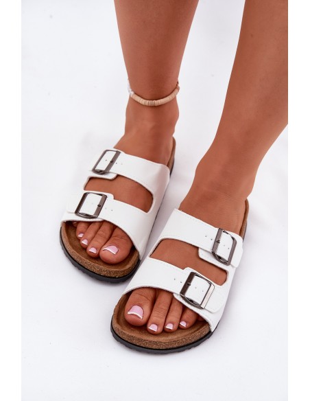 Women's Slides On Cork Platform With Buckles White Redore