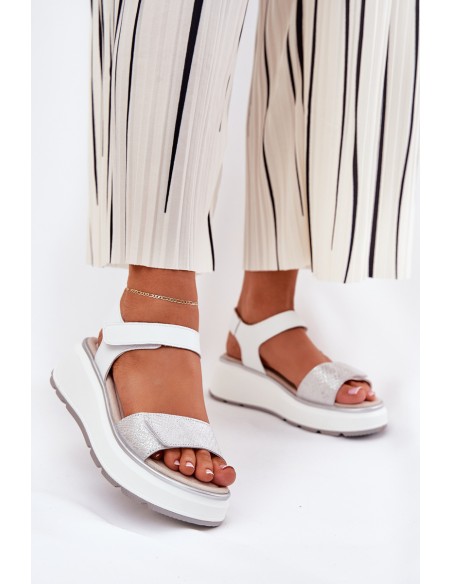 Women's Leather Sandals On Platform And Wedge With Velcro S.Barski LR51-543 Silver