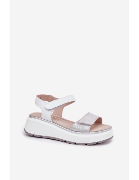 Women's Leather Sandals On Platform And Wedge With Velcro S.Barski LR51-543 Silver