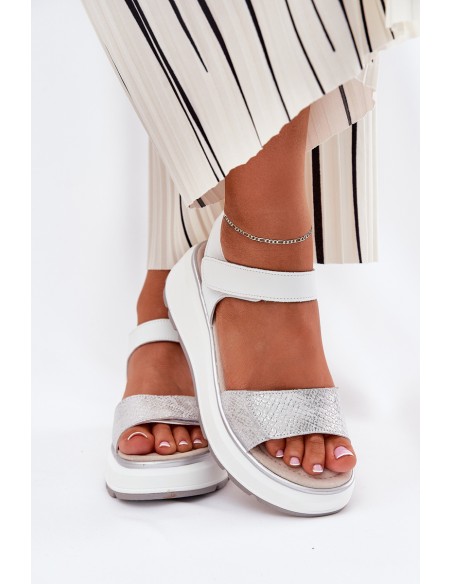 Women's Leather Sandals On Platform And Wedge With Velcro S.Barski LR51-543 Silver