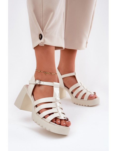 Lacquered Leather Women's Sandals On A Heel Light Beige Vinceza 66621