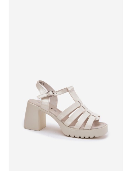 Lacquered Leather Women's Sandals On A Heel Light Beige Vinceza 66621