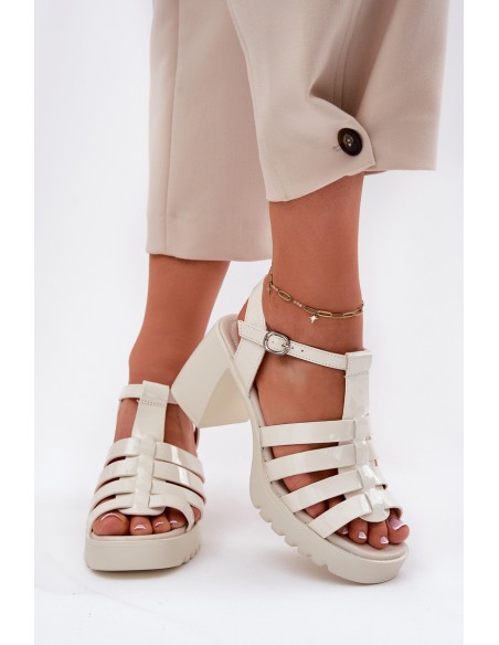 Lacquered Leather Women's Sandals On A Heel Light Beige Vinceza 66621