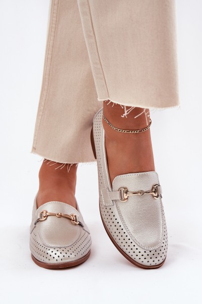 Odiniai moteriški mokasinai su dekoracijomis ant plokščio kulno S.Barski LR51-594 sidabriniai