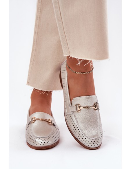 Leather Women's Moccasins With Decoration On Flat Heel S.Barski LR51-594 Silver