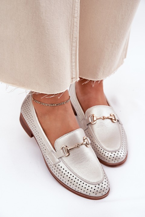 Leather Women's Moccasins With Decoration On Flat Heel S.Barski LR51-594 Silver