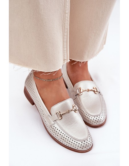 Leather Women's Moccasins With Decoration On Flat Heel S.Barski LR51-594 Silver