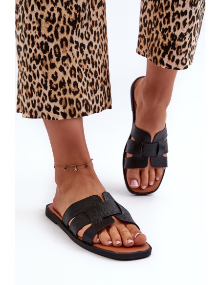 Flat Women's Flip-Flops Made of Faux Leather Black Risamay