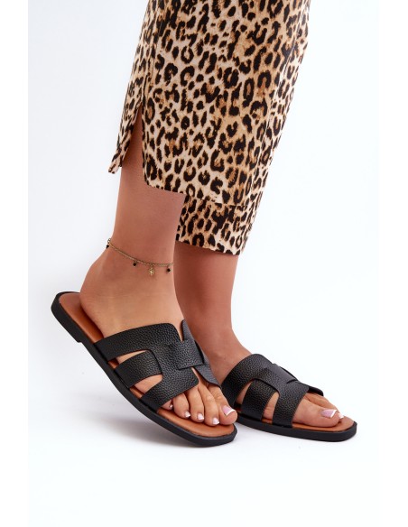 Flat Women's Flip-Flops Made of Faux Leather Black Risamay