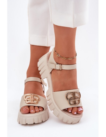 Women's Leather Sandals With Golden Detail Vinceza 79541 Beige