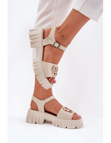 Women's Leather Sandals With Golden Detail Vinceza 79541 Beige