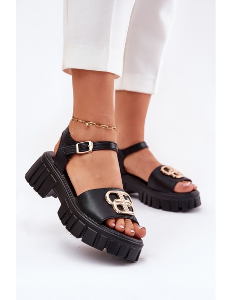 Women's Leather Sandals With Gold Detail Vinceza 79541 Black