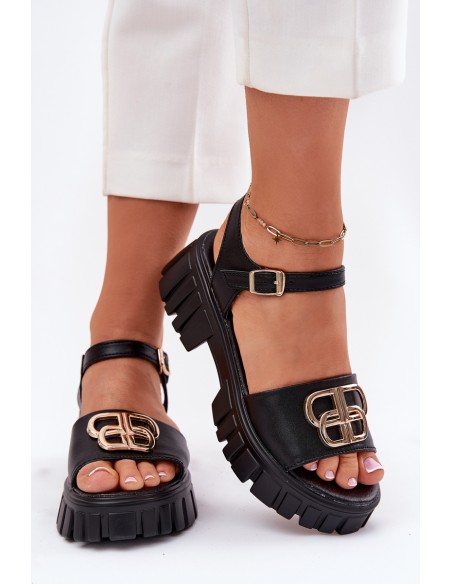 Women's Leather Sandals With Gold Detail Vinceza 79541 Black