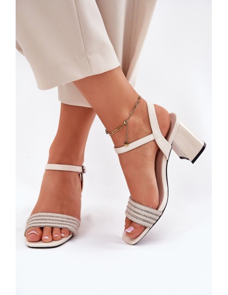 Women's Sandals On Heel With Zirconia And Braid Beige Vinceza 62228