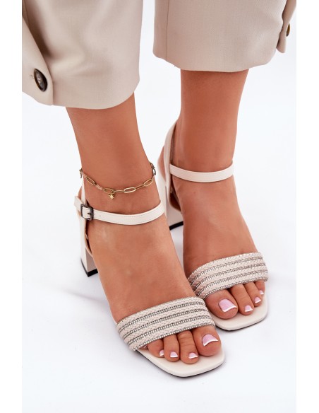 Women's Sandals On Heel With Zirconia And Braid Beige Vinceza 62228