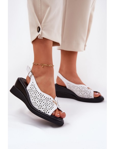 Leather Perforated Women's Sandals On Wedge Vinceza 79529 White