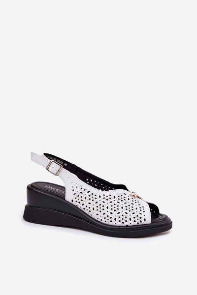 Leather Perforated Women's Sandals On Wedge Vinceza 79529 White 2