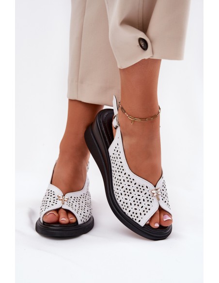 Leather Perforated Women's Sandals On Wedge Vinceza 79529 White