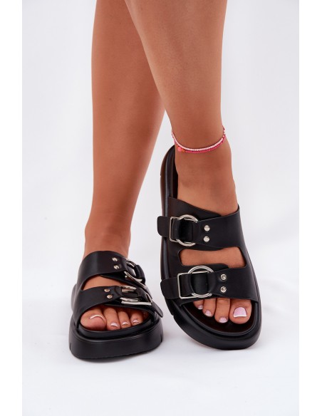 Leather Women's Sandals With Decorative Buckles Big Star RR274658 Black