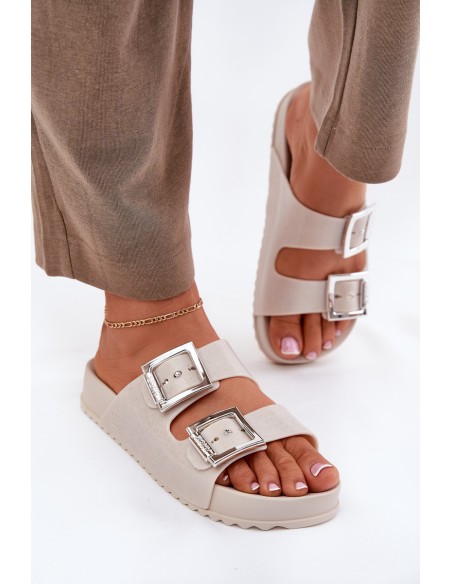 Scented Ladies Slippers With Buckles And Glitter Beige RR285056