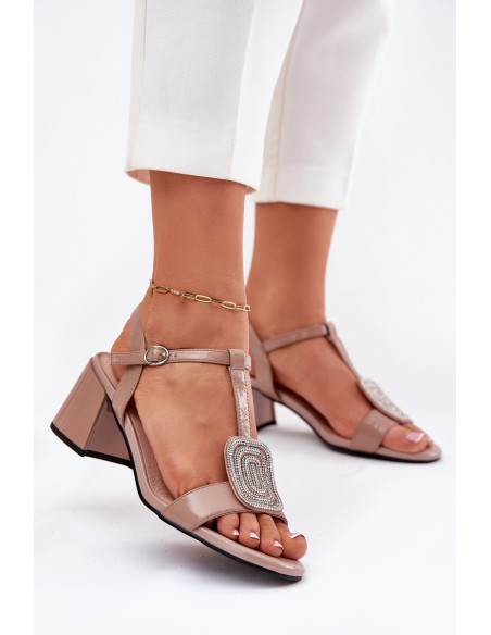 Leather Patent Women's Heeled Sandals With Decoration Vinceza 91134 Beige