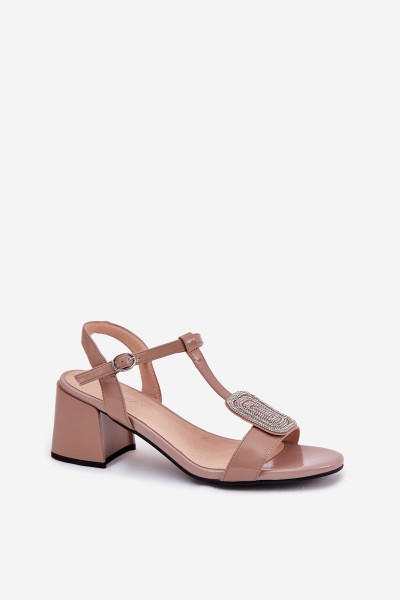 Leather Patent Women's Heeled Sandals With Decoration Vinceza 91134 Beige 2