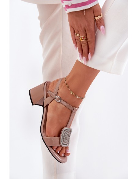 Leather Patent Women's Heeled Sandals With Decoration Vinceza 91134 Beige