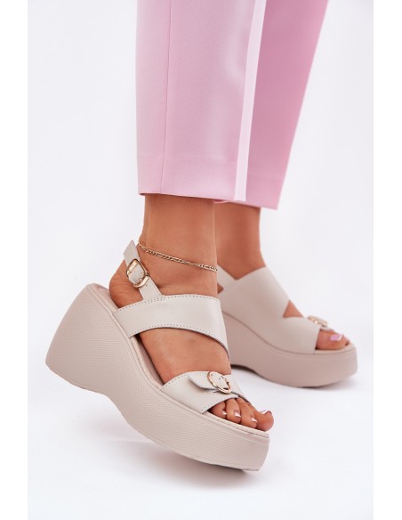 Leather Women's Sandals On Wedge And Platform S.Barski LR51-540 Beige