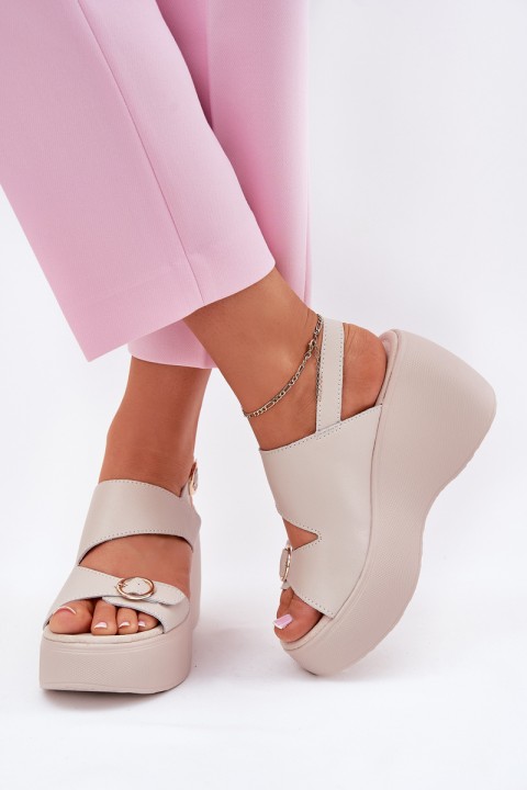 Odinės moteriškos basutės su pleištu ir platforma S.Barski LR51-540 smėlio spalvos