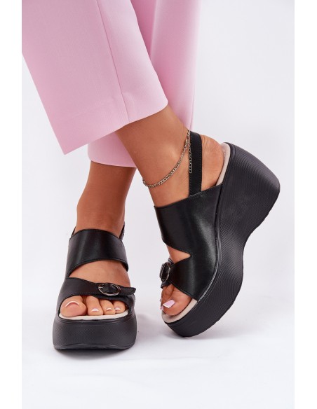 Leather Womens Sandals On Wedge And Platform S.Barski LR51-540 Black