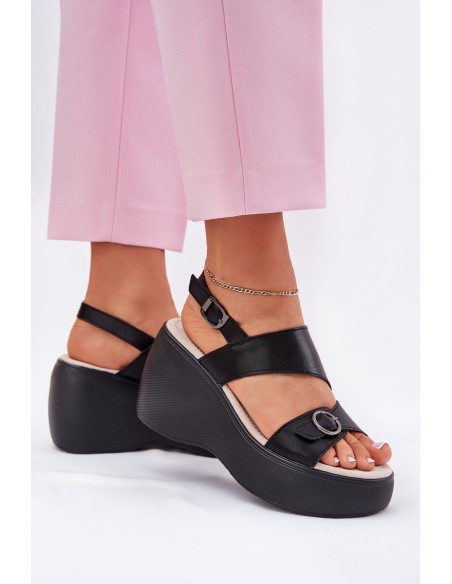 Leather Womens Sandals On Wedge And Platform S.Barski LR51-540 Black