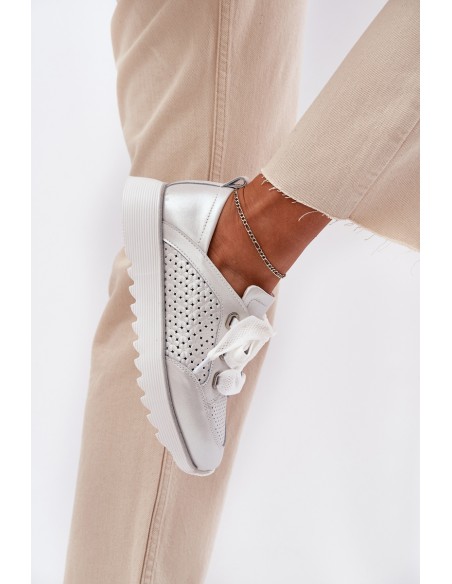 Women's Leather Sneakers On A Platform D&A LR51-796 Silver