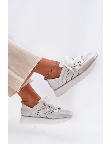 Women's Leather Sneakers On A Platform D&A LR51-796 Silver
