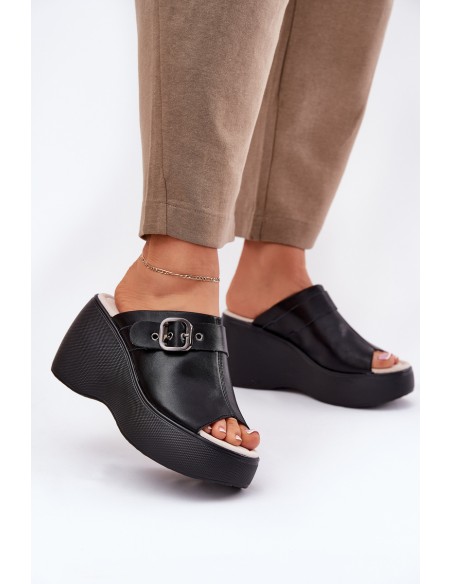 Leather Women's Sandals On Platform And Wedge With Buckle Black S.Barski LR51-542