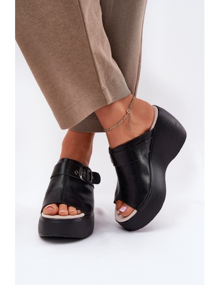 Leather Women's Sandals On Platform And Wedge With Buckle Black S.Barski LR51-542