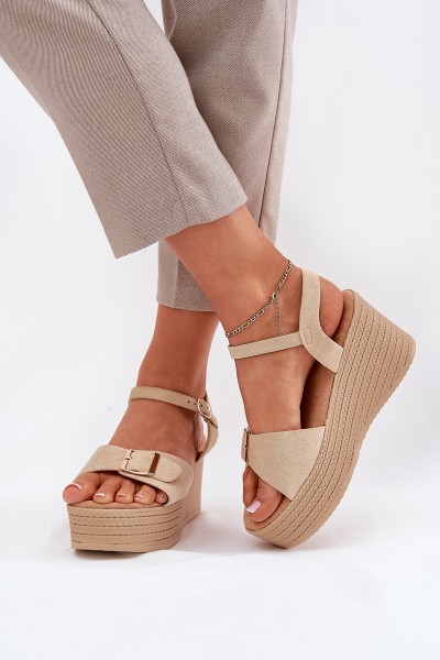 Wedge Heeled Sandals With Buckle Khaki Liniella