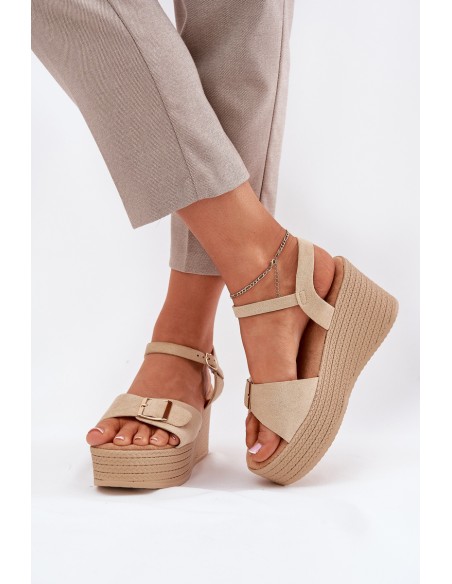Wedge Heeled Sandals With Buckle Khaki Liniella